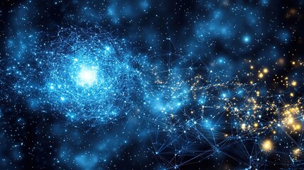 Fototapeta premium Blue Digital Galaxy with Connecting Lines and Points in Cosmic Space Background 