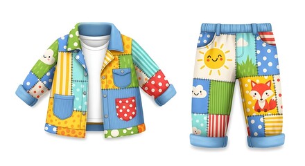 Colorful children's clothing set featuring a patchwork jacket and matching pants, isolated on white.