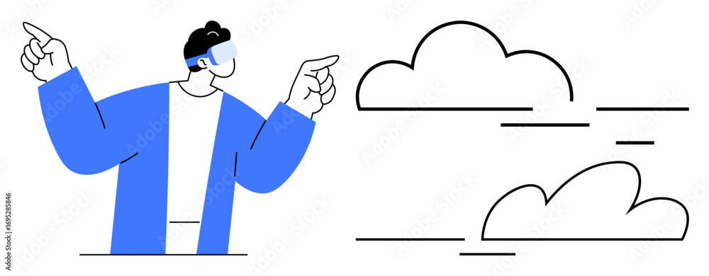 Poster individual in augmented reality glasses pointing at abstract clouds, symbolizing technology, innovat