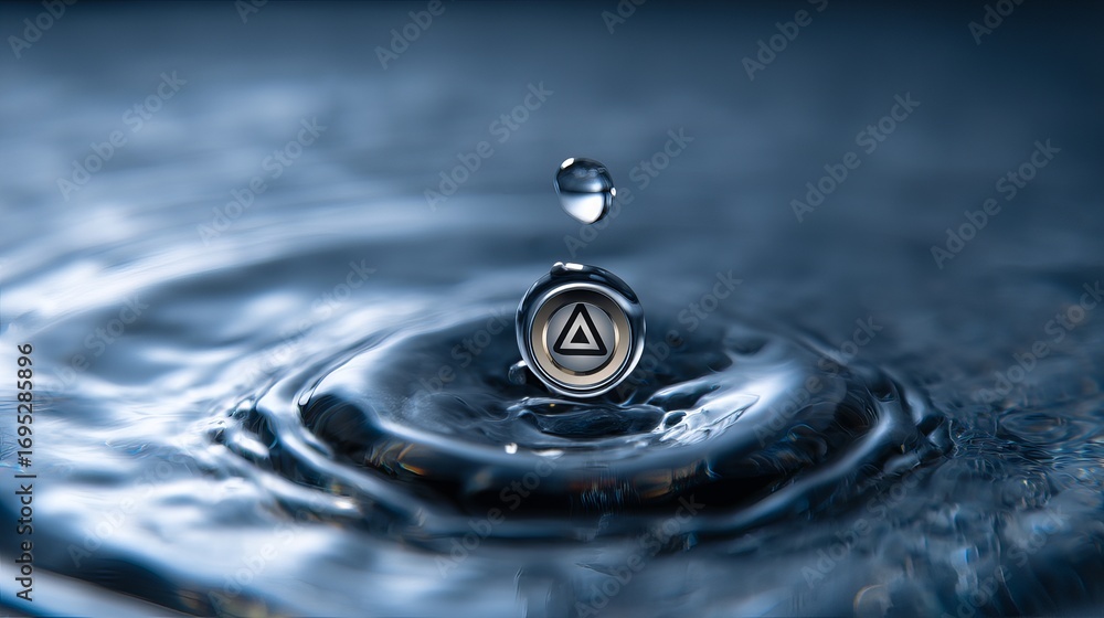 Poster dynamic water drop creates ripple effect around metallic emblem with triangle symbol, perfect for in