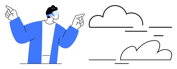 Individual in augmented reality glasses pointing at abstract clouds, symbolizing technology, innovation, and connectivity. Ideal for tech concepts, cloud computing, AR, future, digitalization