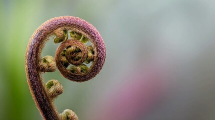 A close-up shot of a reddish-brown fern fiddlehead unfurling in a spiral shape against a soft, blurred background.