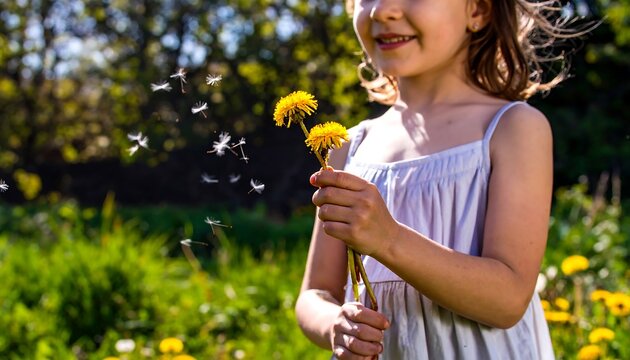 A young girl holds dandelion flowers in a sunny field