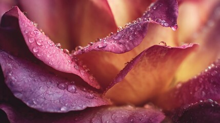 Close-up view of vibrant purple and yellow rose petals covered in glistening water droplets, showcasing the delicate texture and fresh morning dew.