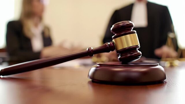 Close Up of Wooden Gavel on Table with Scales and Officials in the Background