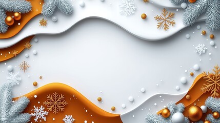 3D Christmas Background with Wavy Layers, Pine Branches, Snowflakes, and Ornaments 