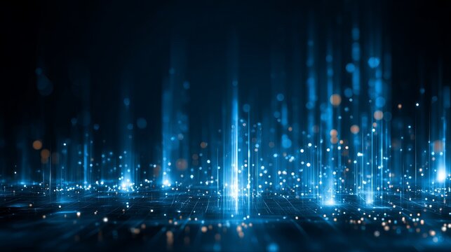 Stunning digital abstract background with glowing blue light streams and particles creating a futuristic, high-tech data flow visualization