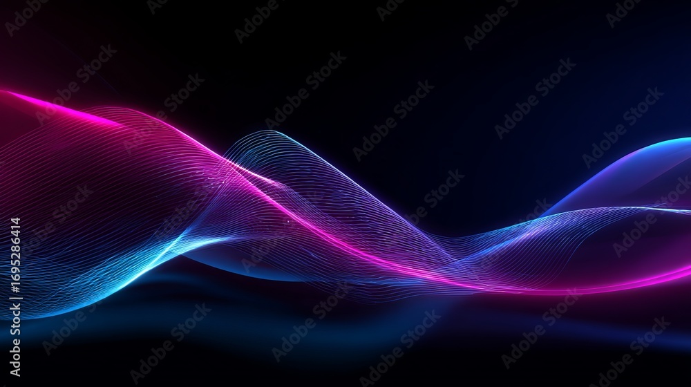 Poster dynamic neon waves of vibrant magenta and electric blue flow across a dark, futuristic background cr