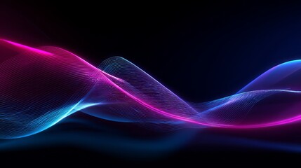 Dynamic neon waves of vibrant magenta and electric blue flow across a dark, futuristic background creating an energetic abstract visual.