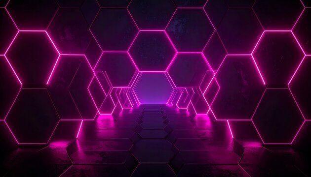 Futuristic hexagon tunnel with vibrant pink neon - Powered by Adobe