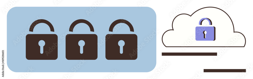 Poster three closed locks symbolize security layers, connected to a cloud with a purple lock. ideal for cyb