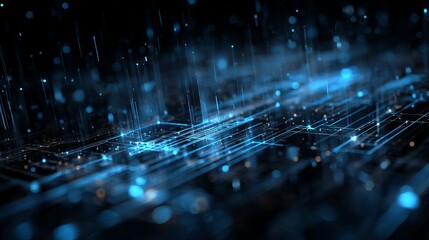 Dynamic digital network connections pulse with vibrant blue light and data streams, representing innovation and global connectivity for modern technology.