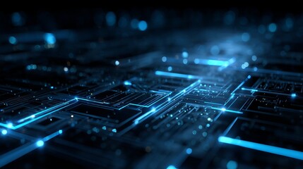 Dynamic glowing blue circuit board lines illuminate a dark futuristic technology background, symbolizing innovation and digital connection