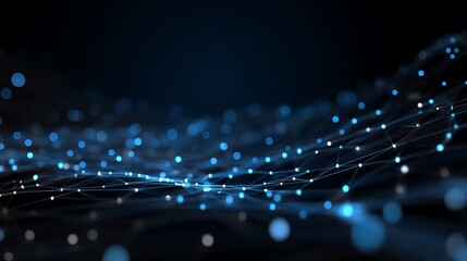Dynamic digital network of glowing blue nodes and connecting lines creates a futuristic abstract background symbolizing data flow and connectivity