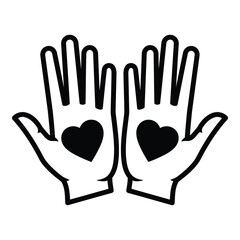 Obraz premium Art of two open hands with black hearts in the center, isolated on white background, symbolizing love and care