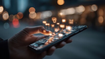 Mobile App Icons Hovering Over Smartphone at Night