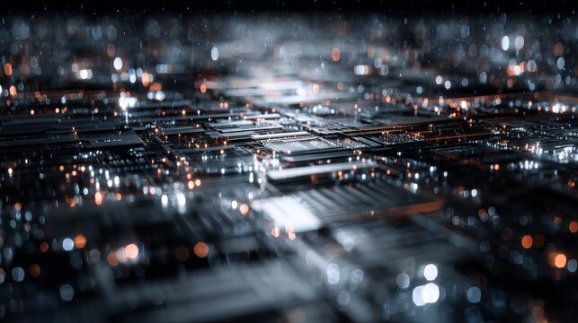 Dynamic digital network with glowing nodes and circuit board patterns creating a futuristic, high-tech abstract background for innovation and connectivity themes.