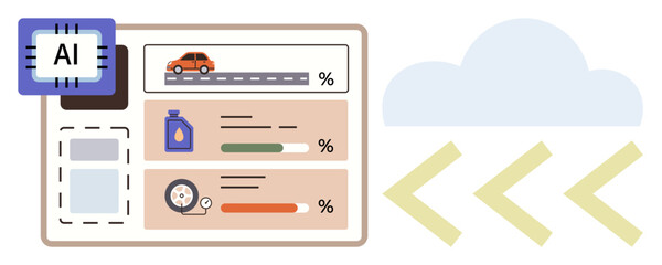 AI-powered dashboard visualizes car performance, fuel level, tire health, oil usage, and statistics. Ideal for technology, analytics, automotive, efficiency sustainability digital tools data