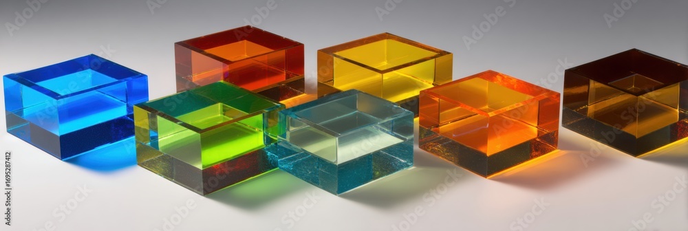 Poster colorful acrylic cubes arranged in a visually striking pattern on a light backdrop in a well-lit stu