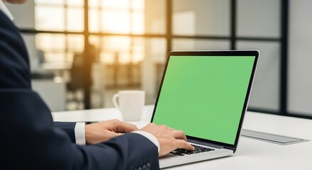 Businessman using laptop with green screen, modern office background, professional mockup photography for corporate and digital presentations
