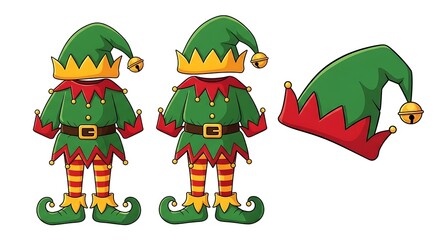 Cartoon illustrations of Christmas elf outfits, including hats and festive attire, isolated.