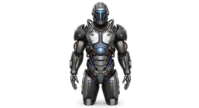 A futuristic armored soldier stands against a white background, showcasing detailed robotic exoskeleton and helmet design.