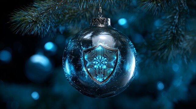 Stunning digital shield ornament gleams with futuristic blue circuits, symbolizing cybersecurity and modern protection during festive holidays.