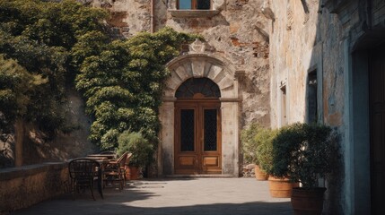 Fototapeta premium Enchanting Mediterranean courtyard with aged stone architecture and lush greenery
