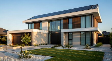 Fototapeta premium Modern two-story house with flat white roof and sleek black solar panels, minimalist landscaped garden