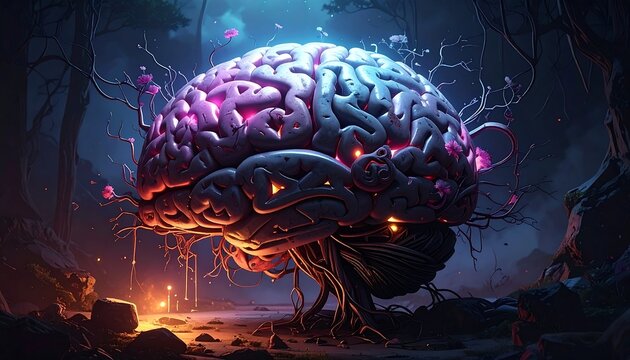 Illuminated brain-tree in a mystical forest