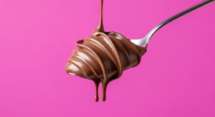 Spoonful of Nutella dessert mid-air, dripping motion, bright magenta background, indulgent modern food photography for sweets and dessert branding