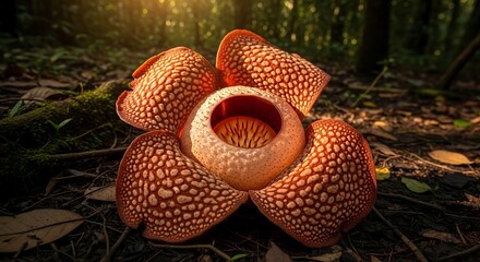 Rafflesia arnoldii flower in full bloom, forest floor background, exotic flora photography for tropical plant stock and rare botanical collections