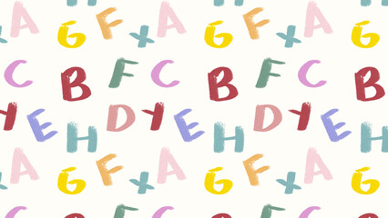 Playful seamless pattern with colorful hand-drawn alphabet letters. Fun design for kids and education projects.