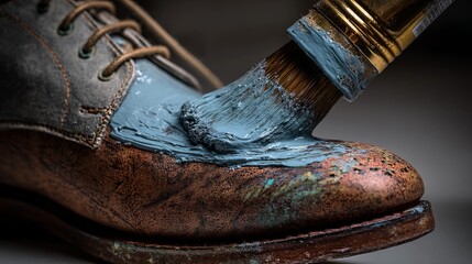 Transforming vintage leather shoe with fresh blue paint and professional brush application, showcasing meticulous craftsmanship and custom style.