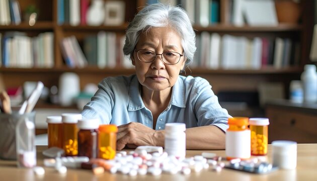 Elderly woman looking at medication