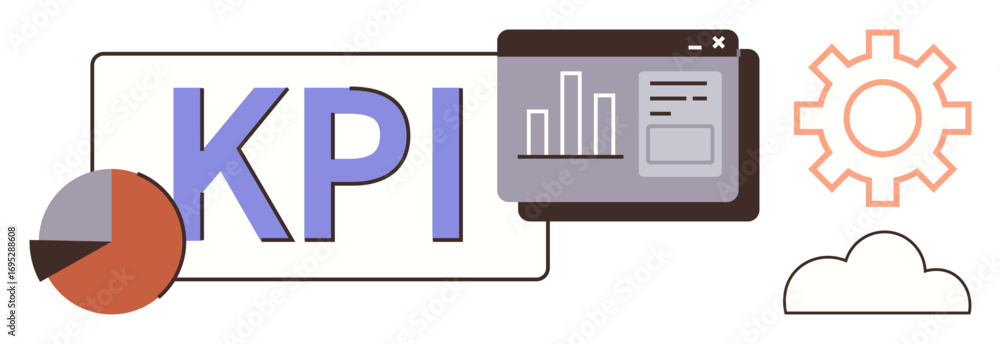 Poster kpi text with bar chart, pie chart, gear, and cloud icon emphasizing metrics, performance tracking, 