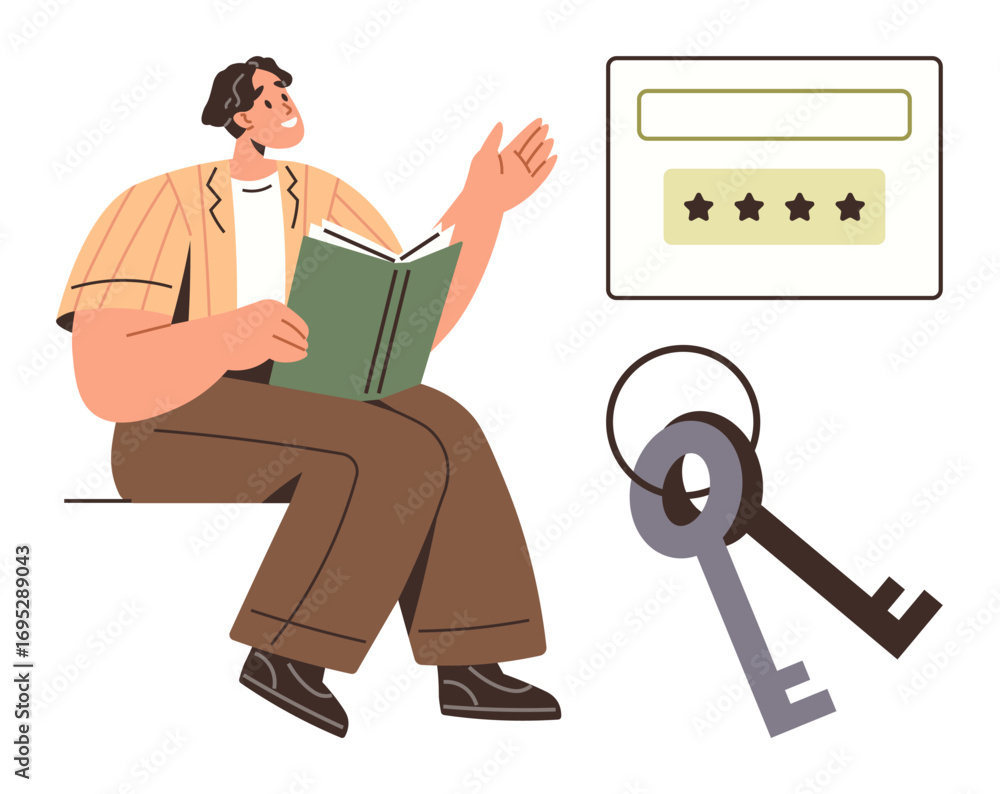 Aufkleber man holding an open book, gesturing thoughtfully, with keys and a login username and rating field. i