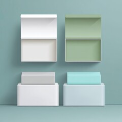 Obraz premium Four open and closed boxes on a teal wall