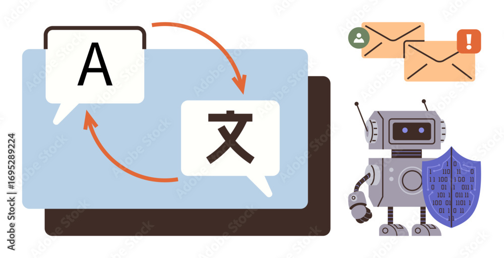Poster language translation process with speech bubbles, email notifications, robot with shield protection.