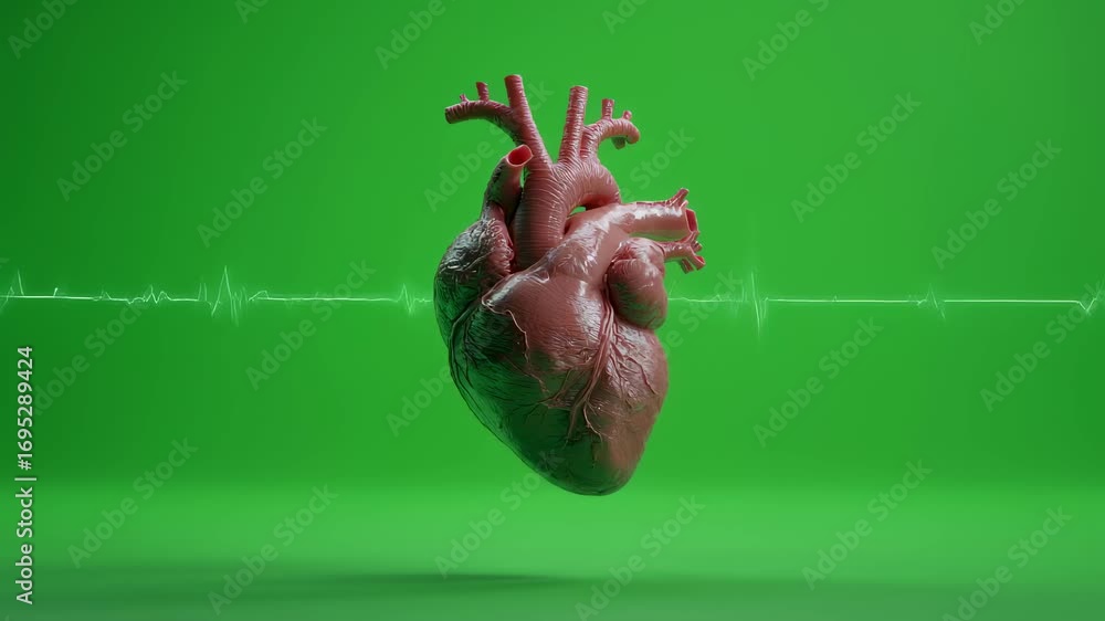 Poster anatomical heart rotating against green screen background, revealing complex cardiac structure with 