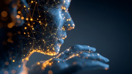 Futuristic AI consciousness emerges, a luminous network of data and light forming a human profile, symbolizing innovation and digital transformation.