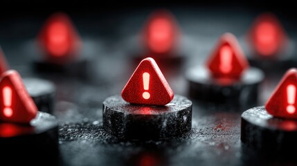 Red exclamation point symbols on dark bases