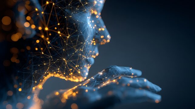 Futuristic AI consciousness emerges, a luminous network of data and light forming a human profile, symbolizing innovation and digital transformation. - Powered by Adobe