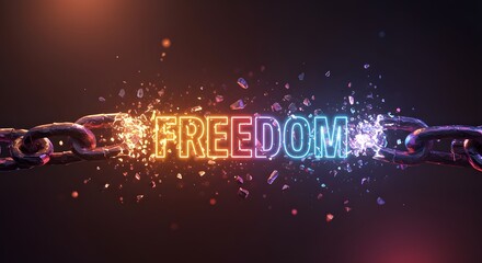 A glowing word Freedom is displayed between two broken chains on a dark background conveying liberation.