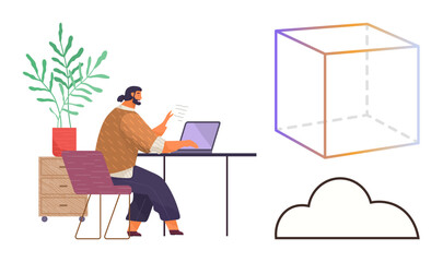 Worker reads document at desk with laptop and potted plant. Abstract cube and cloud symbolize creativity, cloud technology, and design thinking. Ideal for productivity, work-life balance, cloud