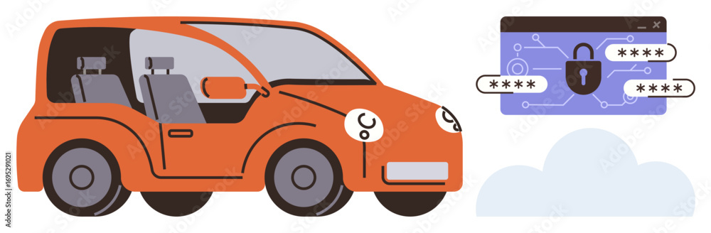 Poster orange car beside a screen with password input and lock icon, representing cyber safety. ideal for a