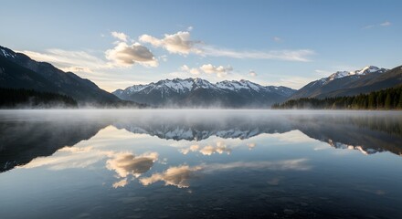 Fototapeta premium Calm lake reflects snow-capped mountains and fluffy clouds under a blue sky.
