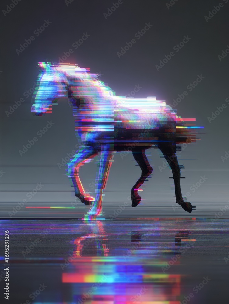 Poster running horse in a digital art style with vibrant colors and glitches during a futuristic display