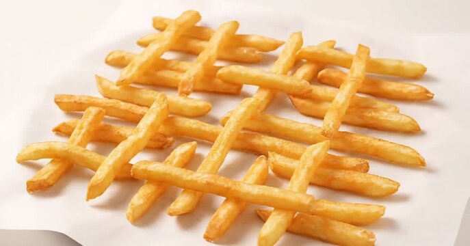 Golden french fries arranged in a playful crisscross pattern on white paper