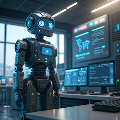 Futuristic robot with glowing blue eyes stands in a modern server room filled with glowing computer screens displaying data and charts